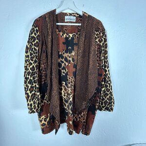 Peter Popovitch Womens Animal Print Open Front Beaded Trim Cardigan Jacket Brown